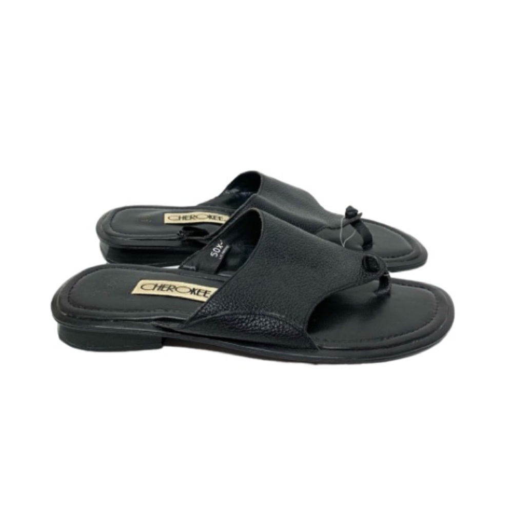 Rare 90’s Vintage Cherokee Black Pebbled Leather Wide Strap Thong Sandals